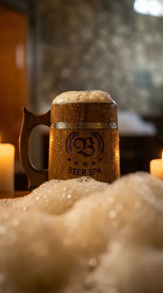 Caneca do Beer Spa entre velas e espuma de cerveja
