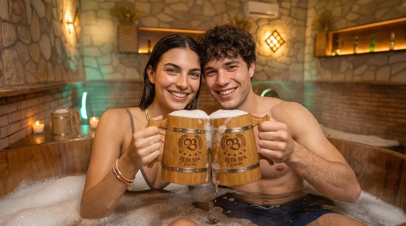 Casal a brindar com canecas de cerveja dentro da barrica no Beer Spa